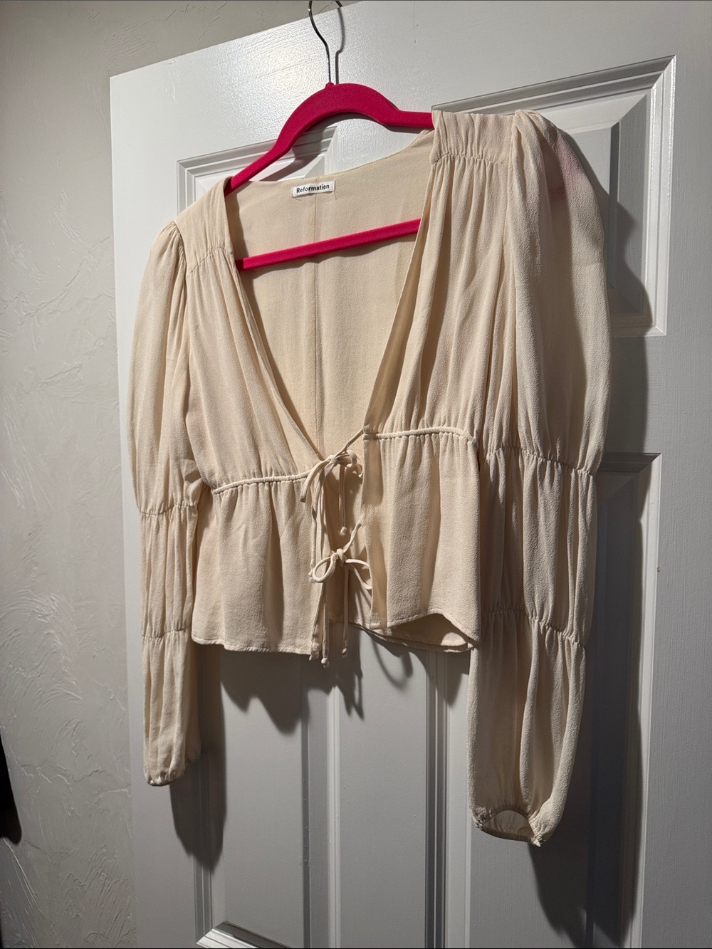 Reformation Cream Tie-Front Peasant Top